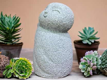 DMtse Lucky Japanese Jizo Buddha Happy Smiling Miniature Figurine Sandstone Praying Monk Statue for Luck Good Protection for Healthy Growth
