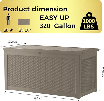 Outdoor Storage Box, 320 Gallon Waterproof Deck Box, Dual Gas-Spring Ultimate Resin Organizer for King Cushions, Heavy-Duty Lockable Estate Storage Bench, Backyard BBQ, Grey