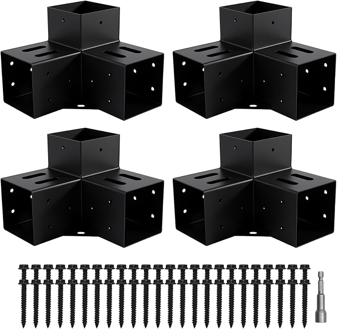 4 Pcs 4"x 4" 3 Way 90 ° Pergola Bracket (Actual: 3.6“x3.6) | 3-Way Right Angle Corner Bracket With Black Powder Coated|Woodwork DIY Pergola Kit For Gazebos, Patio Pergola