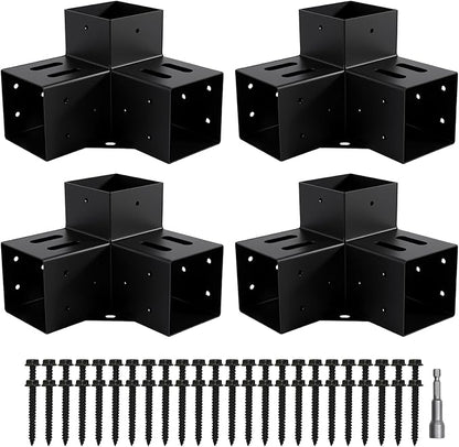 4 Pcs 4"x 4" 3 Way 90 ° Pergola Bracket (Actual: 3.6“x3.6) | 3-Way Right Angle Corner Bracket With Black Powder Coated|Woodwork DIY Pergola Kit For Gazebos, Patio Pergola