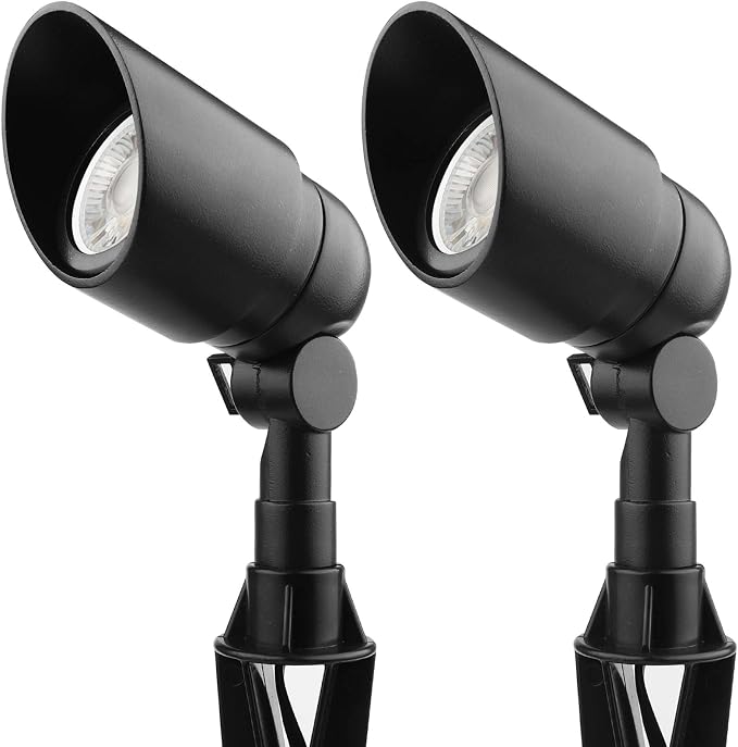 Landscape Lighting 12V 5W LED Landscape Spotlight Cast-Aluminum Waterproof Outdoor Low Voltage 450 Lumen Warm White for Garden, Lawn, Porch, Patio and Yard (2 Pack, Black)