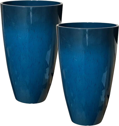 RUBBER BOND Plant Pots 2 Pack - Modern Indoor/Outdoor Planters for Home Decor - Weather-Resistant Large Flower Pots - Lightweight 21.26 Inches Tall Planters - Blue Glossy Round Pots for Plants