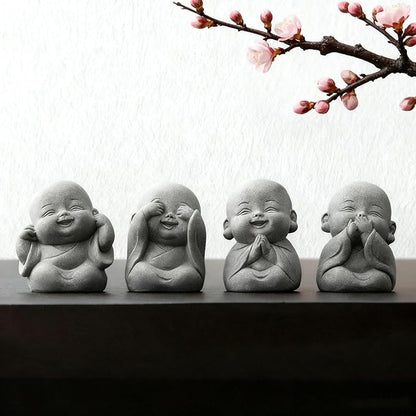 4Pcs Baby Buddha Statue Set, 2 Inch Mini Zen Monk, Sandstone Buddha for Desk Decor, Laughing Buddha for Good Luck, Car Dashboard, Home & Living Room Decor with Blessing Amulet