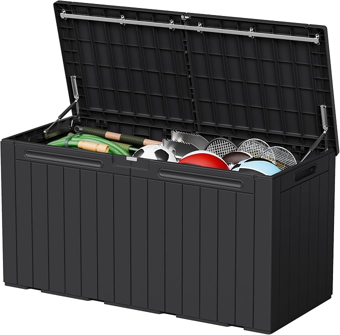 110 Gallon Deck Box Outdoor Indoor Waterproof Storage Box for Patio Furniture, Pool Accessories, Garden Tools, and Cushion Storage, Black