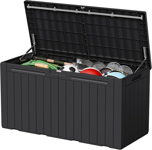 110 Gallon Deck Box Outdoor Indoor Waterproof Storage Box for Patio Furniture, Pool Accessories, Garden Tools, and Cushion Storage, Black