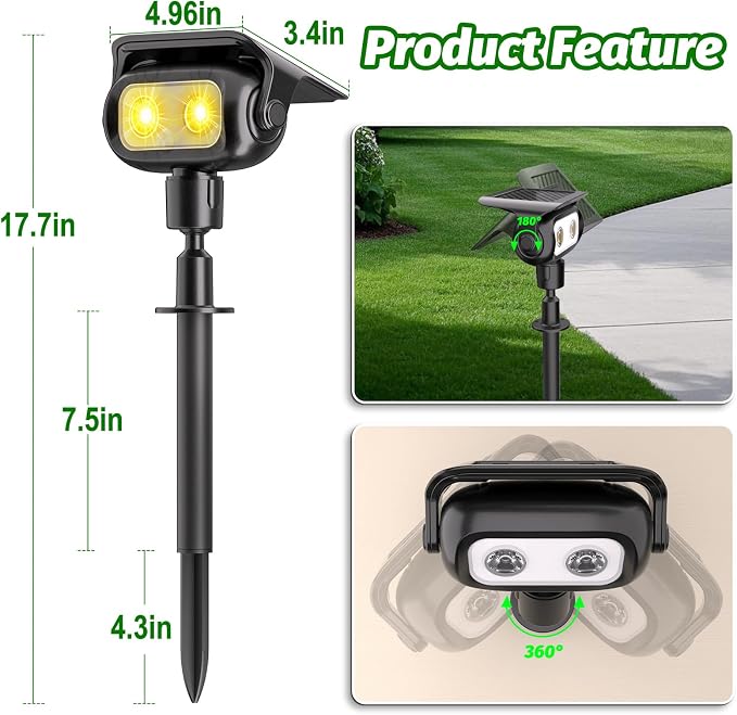 Nreonrick Solar Spot Lights 360° Adjustable Solar Lights Outdoor IP65 Waterproof with 2-in-1 Solar Powered Spotlights for Landscape Lighting for Garden, Yard, Pathway (Warm White, 2 Pack)