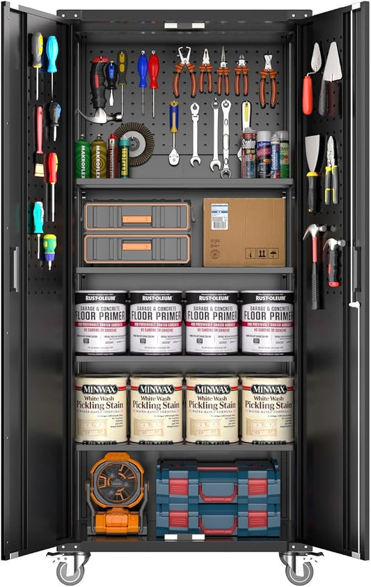 Metal Garage Storage Cabinet with Doors and Wheels, 72" High Lockable Storage Cabinet with 4 Adjustable Shelves and Pegboard, for Garage Workshop Home Office
