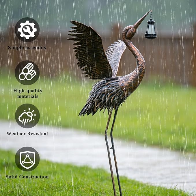 Crane Garden Statues with Solar Ligh for Outside, 43" Metal Heron Yard Art & Garden Sculptures - Large Outdoor Decor for Patio, Backyard, Pond, Lawn Ornaments