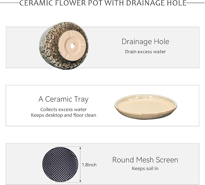 7.5 Inch Ceramic Planter with Saucer,Modern Garden Pots with Drainage Hole Mesh Net, for Indoor Outdoor Use(Speckle White)