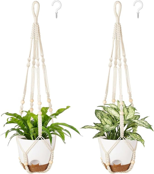 Mkono 7.5 Inch Hanging Planters, Macrame Plant Hangers with Self Watering Plant Pots Indoor Set of 2 Hanging Baskets Flower Pot Holders with Hooks No Tassels for Boho Home Decor, Ivory