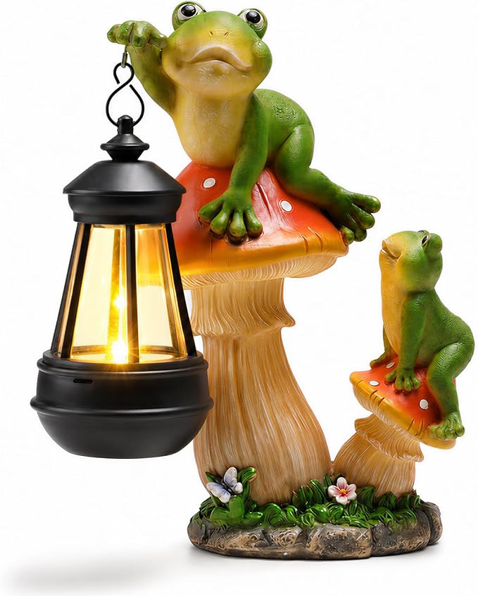 Garden Frogs Statue, Large Funny Frogs Figurine Climbing on Mushroom and Holding a Solar LED Lantern Resin Ornament for Patio Yard Lawn Porch Outdoor Decor, Women/Gardening Decoration Gifts