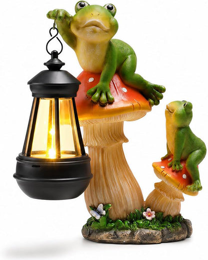 Garden Frogs Statue, Large Funny Frogs Figurine Climbing on Mushroom and Holding a Solar LED Lantern Resin Ornament for Patio Yard Lawn Porch Outdoor Decor, Women/Gardening Decoration Gifts