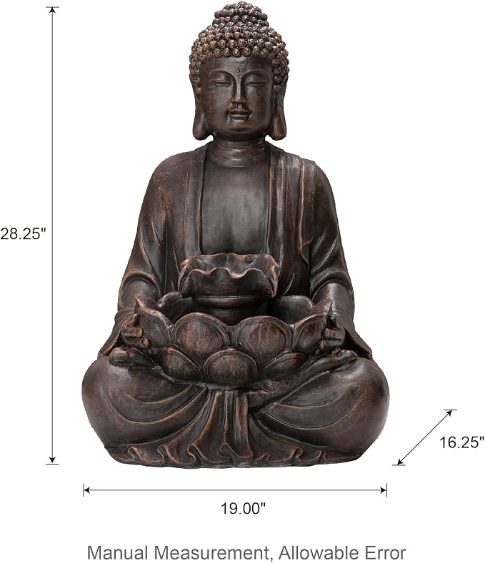 Glitzhome Zen Style Meditating Buddha Statue Fountain Polyresin Outdoor Decoration with Pump and LED Light, 28.25" H