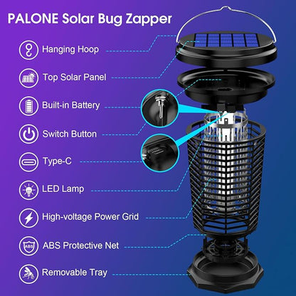 Solar Bug Zapper Outdoor & Indoor with 1.5W+4.5W Dual Solar Panel 2026, USB Rechargeable Electric Mosquito Zapper for Flies Gnats Moths, Fly Trap for Home, Patio, Backyard, Camping, Garden