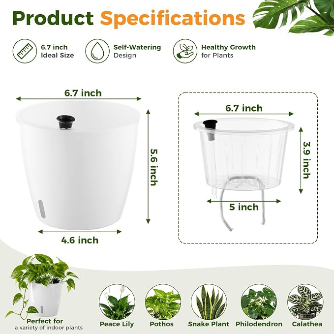 Upgraded Self Watering Pots for Indoor Plants, 3-Pack 6.7 Inch Top-Fill Self Watering Planter with Water Window, Orchid Pots, Clear Wick Inner Basket with Drainage, White