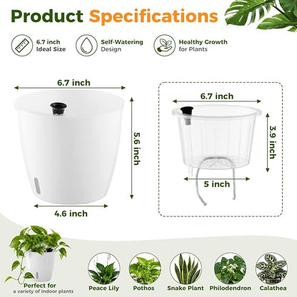 Upgraded Self Watering Pots for Indoor Plants, 3-Pack 6.7 Inch Top-Fill Self Watering Planter with Water Window, Orchid Pots, Clear Wick Inner Basket with Drainage, White