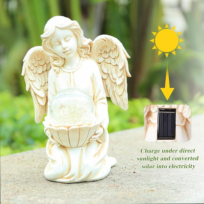 Angel Statue Outdoor Decor, Angel Garden Statues Holding Lotus Flower with Crackle Glass Globe Solar LED Lights Yard Decorations Lawn Ornaments Figurines for Outside or Gardening Gifts
