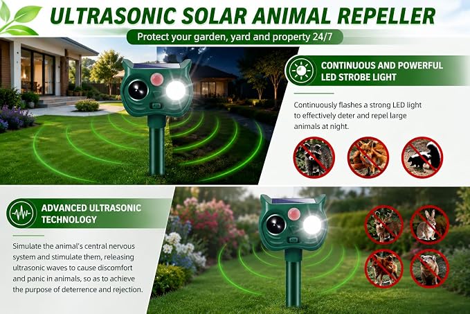 4PCS Solar Animal Repellent Outdoor, Ultrasonic Cat Repeller Outdoor&Deer Repellent Device, Rabbit Squirrel Raccoon Repellent with Motion Sensor LED Lights for Garden Yard