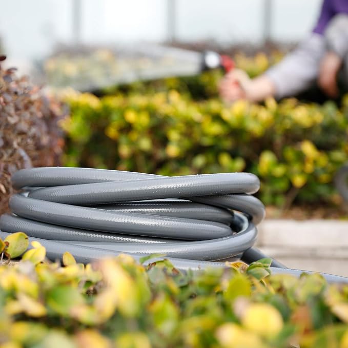 Worth Long Lead-in Gray Garden Hose 5/8 in. x 50 ft. -Kink Free, No Leaking, Male/Female Fittings -Heavy Duty Durable Flexible Lightweight Water Pipe -Brass Aluminum Ends for Household & Yard Use