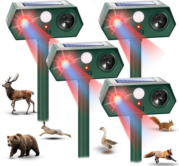 4Pack Solar Animal Repeller Outdoor,Waterproof Sonic Fortress Pro Deer Repellent Devices,Cat Repellent with Red&Blue Flash Lights to Scare Rabbit Raccoon Squirrel