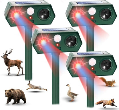 4Pack Solar Animal Repeller Outdoor,Waterproof Sonic Fortress Pro Deer Repellent Devices,Cat Repellent with Red&Blue Flash Lights to Scare Rabbit Raccoon Squirrel
