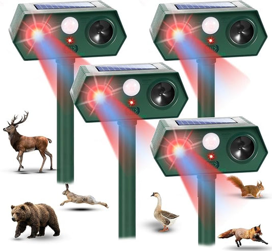 4Pack Solar Animal Repeller Outdoor,Waterproof Sonic Fortress Pro Deer Repellent Devices,Cat Repellent with Red&Blue Flash Lights to Scare Rabbit Raccoon Squirrel
