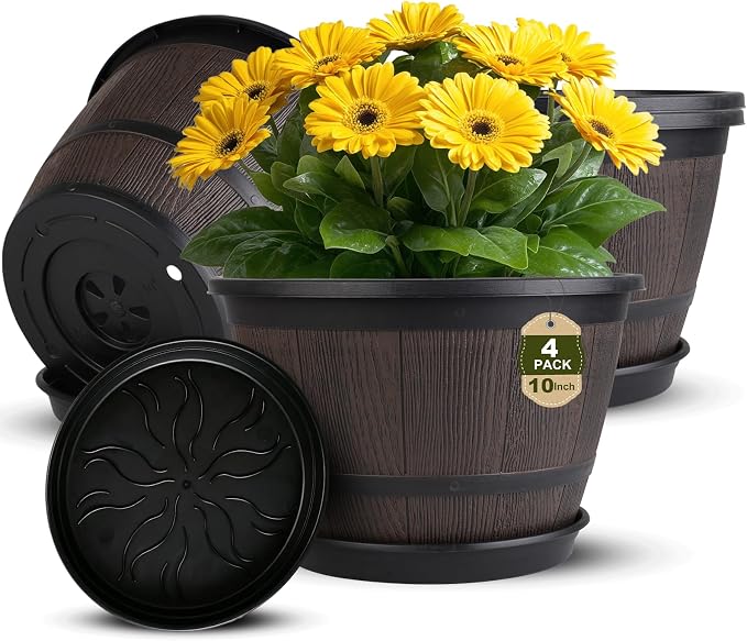 Myfeegoin 10-inch-Pots-for-Plant-Outdoor, 4 Pack Plastic Whiskey Barrel Planters Plant Pots with Drainage Hole & Saucer, Decorative Indoor Flower Pot for House Garden Porch