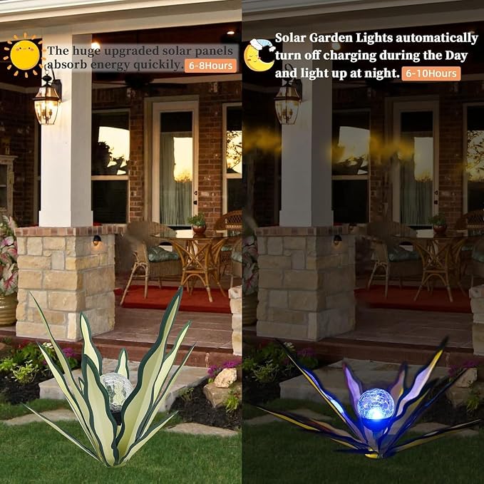 Metal Agave Plant Garden Art, 2 Pack Tequila Rustic Sculpture, Rustic Metal Agave Plants Garden Lawn Home Ornaments, for Yard Stakes, Garden Figurines, Outdoor Patio (2 PCS Green with Light)