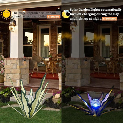Metal Agave Plant Garden Art, 2 Pack Tequila Rustic Sculpture, Rustic Metal Agave Plants Garden Lawn Home Ornaments, for Yard Stakes, Garden Figurines, Outdoor Patio (2 PCS Green with Light)
