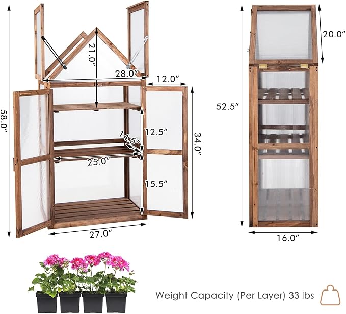 GRAFFY Wooden Cold Frame Greenhouse, Portable Raised Flower Planter Shelf with 3 Removable shelves and Transparent Flip-Top Roof, Mini Greenhouse Cabinet for Outdoor Indoor Use(27" L x 16" W x 58" H )