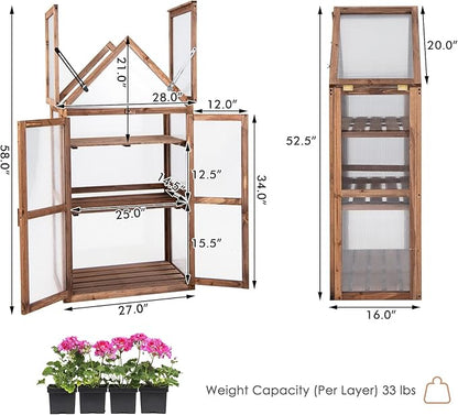 GRAFFY Wooden Cold Frame Greenhouse, Portable Raised Flower Planter Shelf with 3 Removable shelves and Transparent Flip-Top Roof, Mini Greenhouse Cabinet for Outdoor Indoor Use(27" L x 16" W x 58" H )