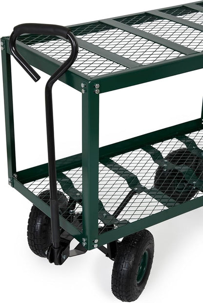 Backyard Expressions 2 Tier Garden Cart, 600 lb Total Capacity, Outdoor Utility Cart with Wheels, Steel Mesh Shelves, Pneumatic Tires, Pull Handle Rolling Wagon for Yard & Lawn