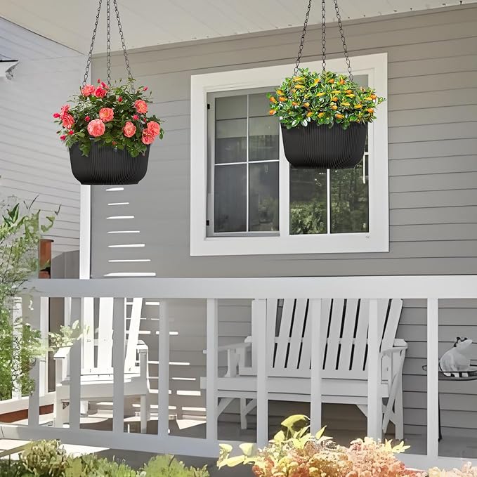 10 Inch Hanging Pots for Indoor Outdoor Plants Set of 2 | Self-Watering Hanging Planters with Internal Saucers, Drainage Holes & Plugs (Hooks)