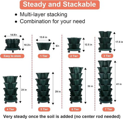 GameXcel Vertical Planter Tower - 7 Tier Stackable Garden Planters with Wheels and Tools Plant Pots for Strawberry Herb Flower and Vegetable Indoor Outdoor Use Green