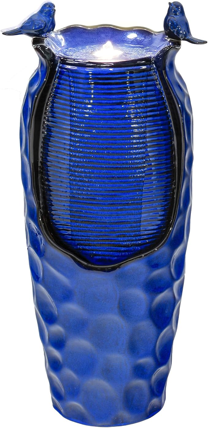 Autodaya 33" Vase Ceramic Outdoor Water Fountain with Lights and Birds | cobalt blue glazed water feature with textured design, ambient soothing cascading water flow for garden patio yard sanctuary