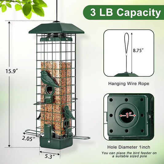 Gbekery Squirrel Proof Bird Feeder, Metal Mesh Feeders for Outdoors Hanging, Gravity Protection Wild Bird Feeders for Finch Chickadee, Weather Resistant, 3LB Large Capacity, Green