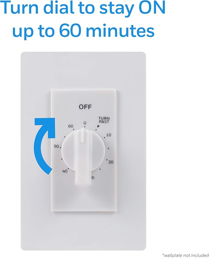 UltraPro 60-Minute In-Wall Spring Wound Countdown Timer Switch, Mechanical Timer for Lights, Bathroom & Exhaust Fans, No Neutral Wire Required, White, 41081