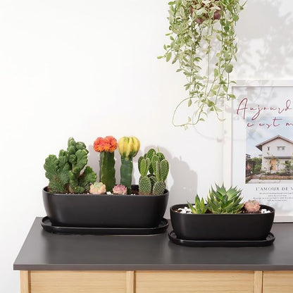 E-liu Oval Ceramic Planter Pot with Drainage Hole Saucers 11 Inch Succulents Planter Home Decor for Indoor Outdoor Plants Herb Cactus with 3 Mesh Pads, Plants Not Included, Black