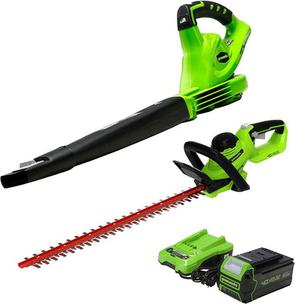 Greenworks 40V (150 MPH) Cordless Leaf Blower, 4.0Ah Battery and Charger Included 24212, 4Ah Battery & Charger, 40V Hedge Trimmer