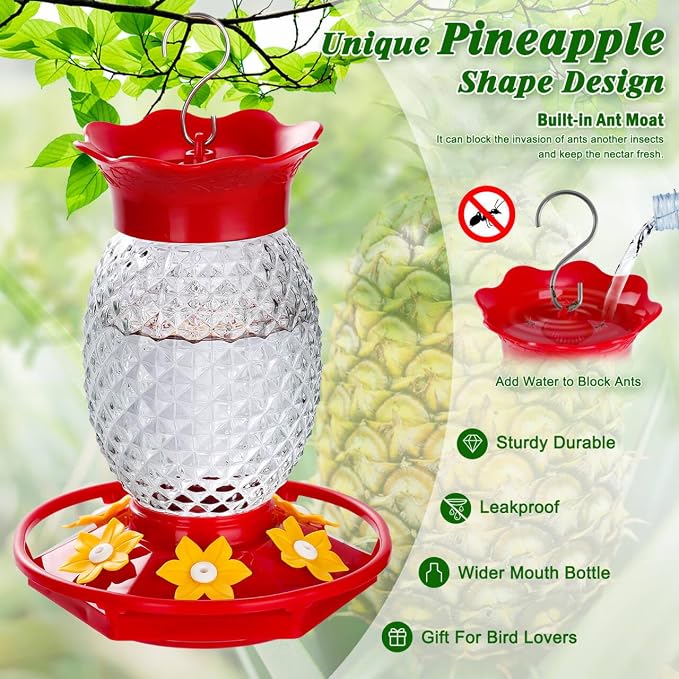 Fchstaer Glass Hummingbird Feeders for Outdoors Hanging 16oz 2 Pack Clear Pineapple Bee & Ant Proof 360°Perch Leakproof Easy Clean with 6 Feeding Ports Gifts for Mom