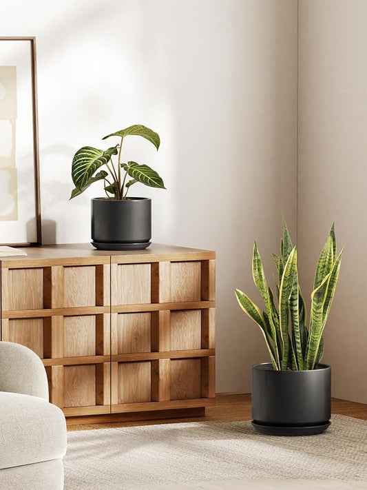 LE TAUCI Ceramic Plant Pots, Set of 2, 8+10 Inch Plant Pots Indoor with Drainage Hole & Saucer, Sturdy Planters for Indoor Plants, Modern Minimalist Decor for Snake Plant, Monstera, Black