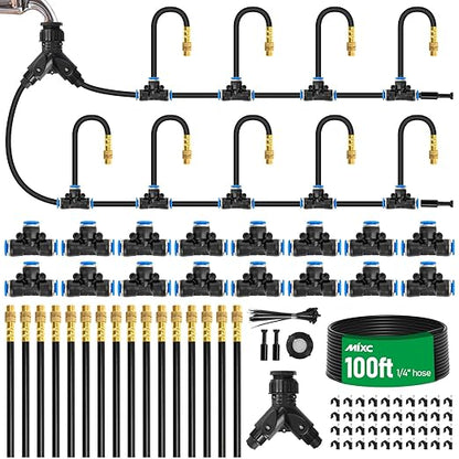 MIXC 1/4" 100Ft Drip Irrigation System for Garden with 16pcs 360°Adjustable Brass Nozzles & Bendable Rod,Upgraded Watering System Kit for Outdoor Plants,Lawn,Raised Bed,Potted Plant,Yard,Greenhouse