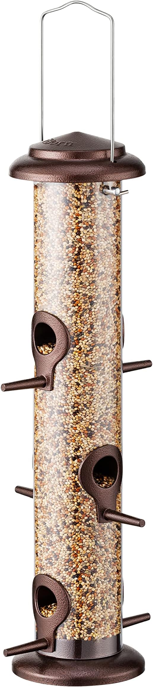 iBorn Metal Bird Feeder Hanging Wild Bird Seed Feeder for Mix Seed Blends Heavy Duty All Metal Coffee Finish,15 Inch 6 Port(Seed is not Included)