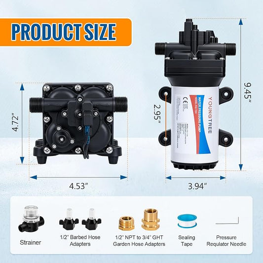 YOUNGTREE Water Pressure Diaphragm Pump 110V AC 5.5GPM 70PSI RV Water Transfer Pump 110 Volt On Demand Self Priming for Home Kitchen RV Garden Irrigation Car Washing Rain Barrel Lawn Camper