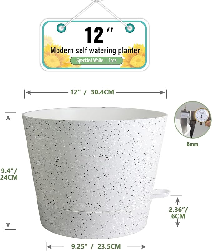 Meowell 12 inch Large Self Watering Pots, Plant Pots with Mesh Drainage Holes for Indoor Outdoor Plants, Plastic Planters with Deep Reservoir for Garden House Flower Plants, Speckled White