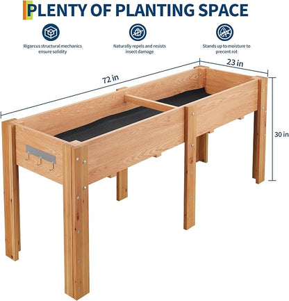 72x 23x30IN Raised Garden Bed Outdoors with High Legs & Hooks, Non-Woven Liner, Elevated Wooden Large Planter Box for Backyard, Patio, Balcony w/Divider Panel, 6 Legs, 300lb Capacity