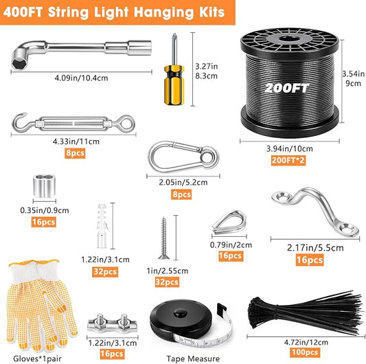 String Light Hanging Kits,400FT Nylon Coated Stainless Steel 304 Wire Rope,Outdoor Hanging Light Kit Included Enough Accessories With Turnbuckles And Hooks For Patio, Garden And Wedding Lighting