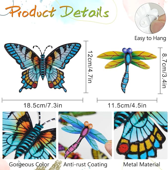 DEWEL 8 Pcs Metal Butterfly Dragonfly Wall Decor, Garden Decor for Outside Wall Art, Colorful Hanging Decorations Outdoor Wall Decor for Garden Fence Patio Yard, Great Gift Choice