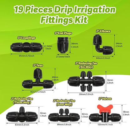 19 Pieces 1/2 Inch Drip Irrigation Fittings Kit, 1/2'' Drip Line Barbed Fittings for 1/2 Inch Irrigation Tubing (1/2" ID x 0.650" OD) Anti-Leak Lock Nut Connectors for Garden Drip System