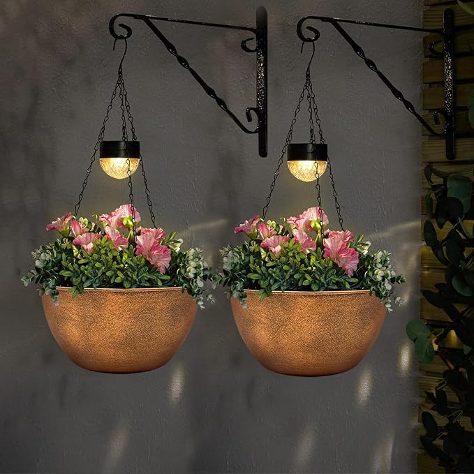 BAYN 2 Packs Solar Hanging Basket Planters for Plants Outdoor | Self Watering, Bronze Flower Pots with Solar Light , Hanging Planters with Drainer for Balcony Patio Garden Decoration
